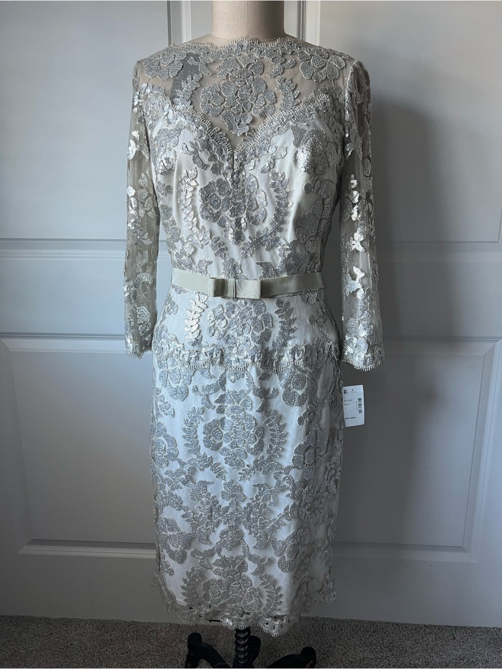 Tadashi Shoji Ivory and Silver Lace Midi Dress